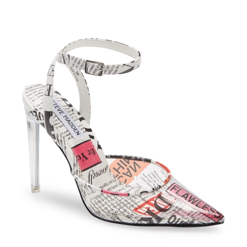 Steve Madden Alessi Newspaper Print Ankle Strap Clear heels Pumps Size 8.5